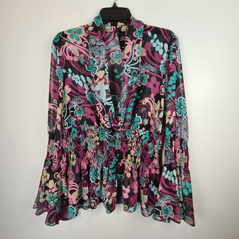 Bisou Bisou Michele Bohbot Floral Bell Sleeve Smocked Peplum Top Large Pink Teal